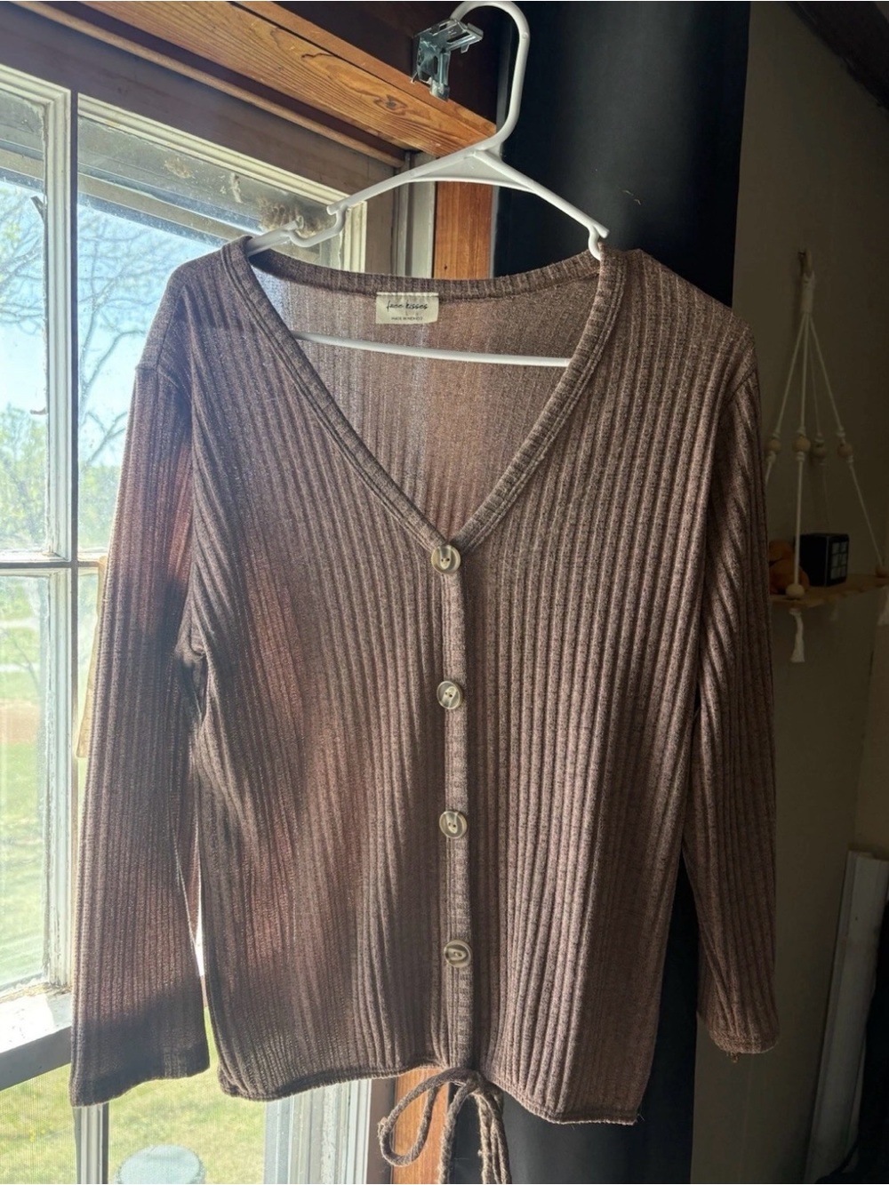 Free Kisses Ribbed V-Neck Button Cardigan in Brown